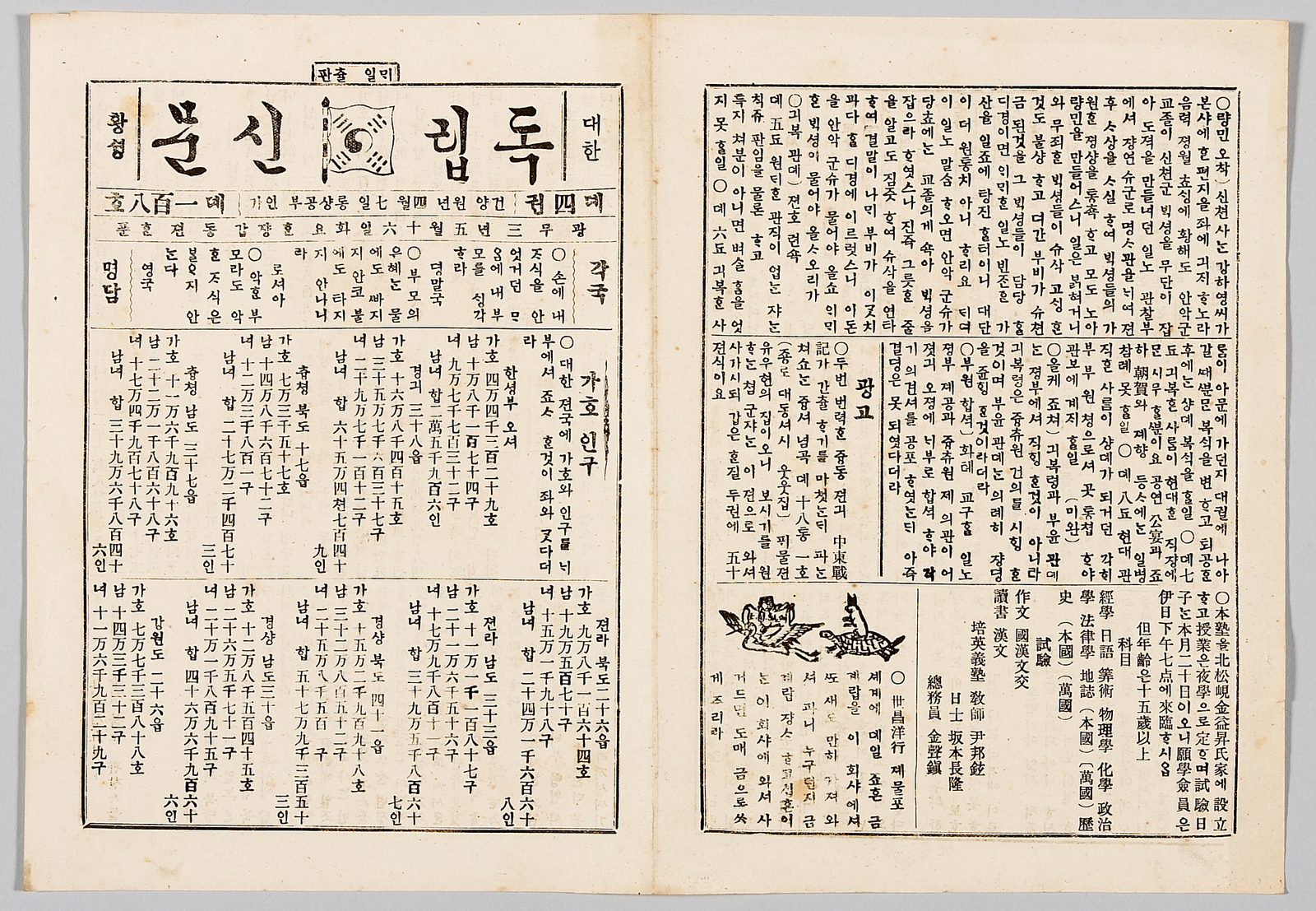 펼쳐 놓은 옛 신문 두 면이에요. 맨 위에 '독립신문'이라고 한글로 크게 적혀 있어요.