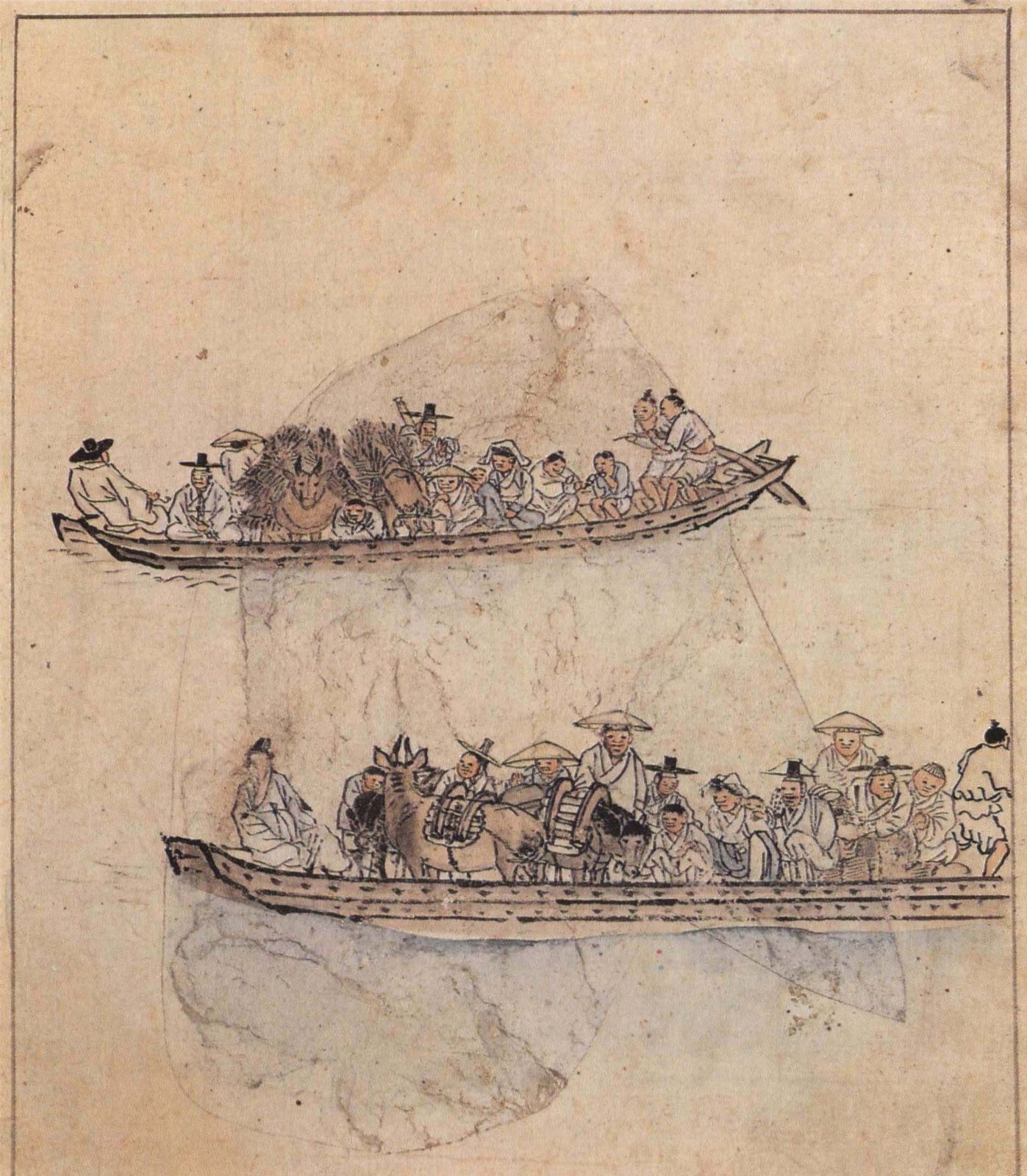 옛 그림. 나룻배 두 척에 갓 쓴 사람, 짐, 소와 말이 빽빽하게 타고 강을 건넌다. 뱃사공이 노를 젓는다.