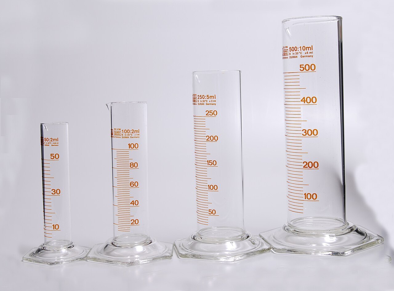크기가 다른 유리 눈금실린더 네 개(50·100·250·500ml)가 나란히 서 있고, 몸통마다 주황색 눈금이 촘촘히 새겨져 있다
